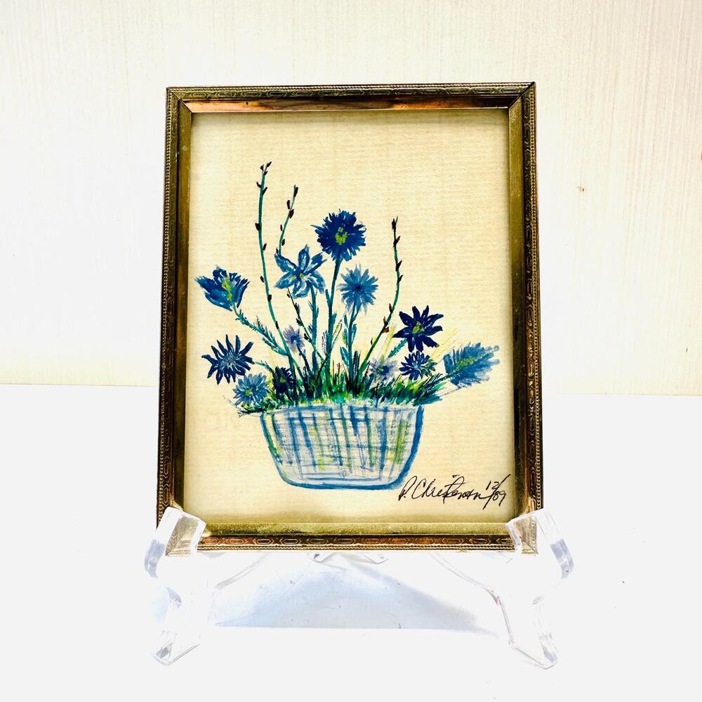 Vintage Small Blue Flowers Basket Floral Art Gold Toned Frame Artist Signed